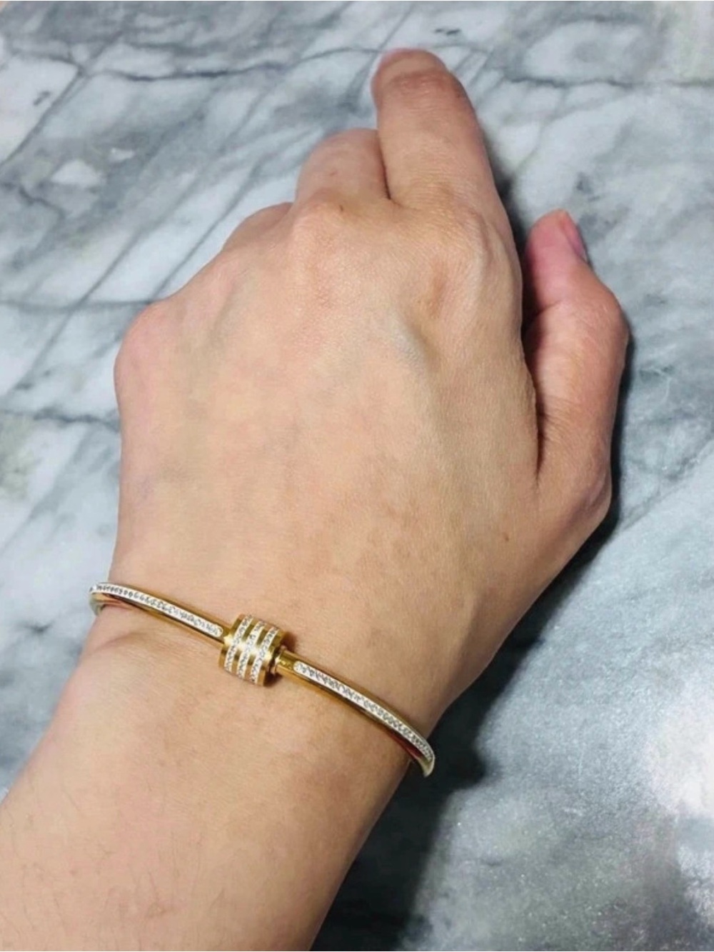 Stainless Steel Gold Pavé Bangle Bracelet with Center Accent